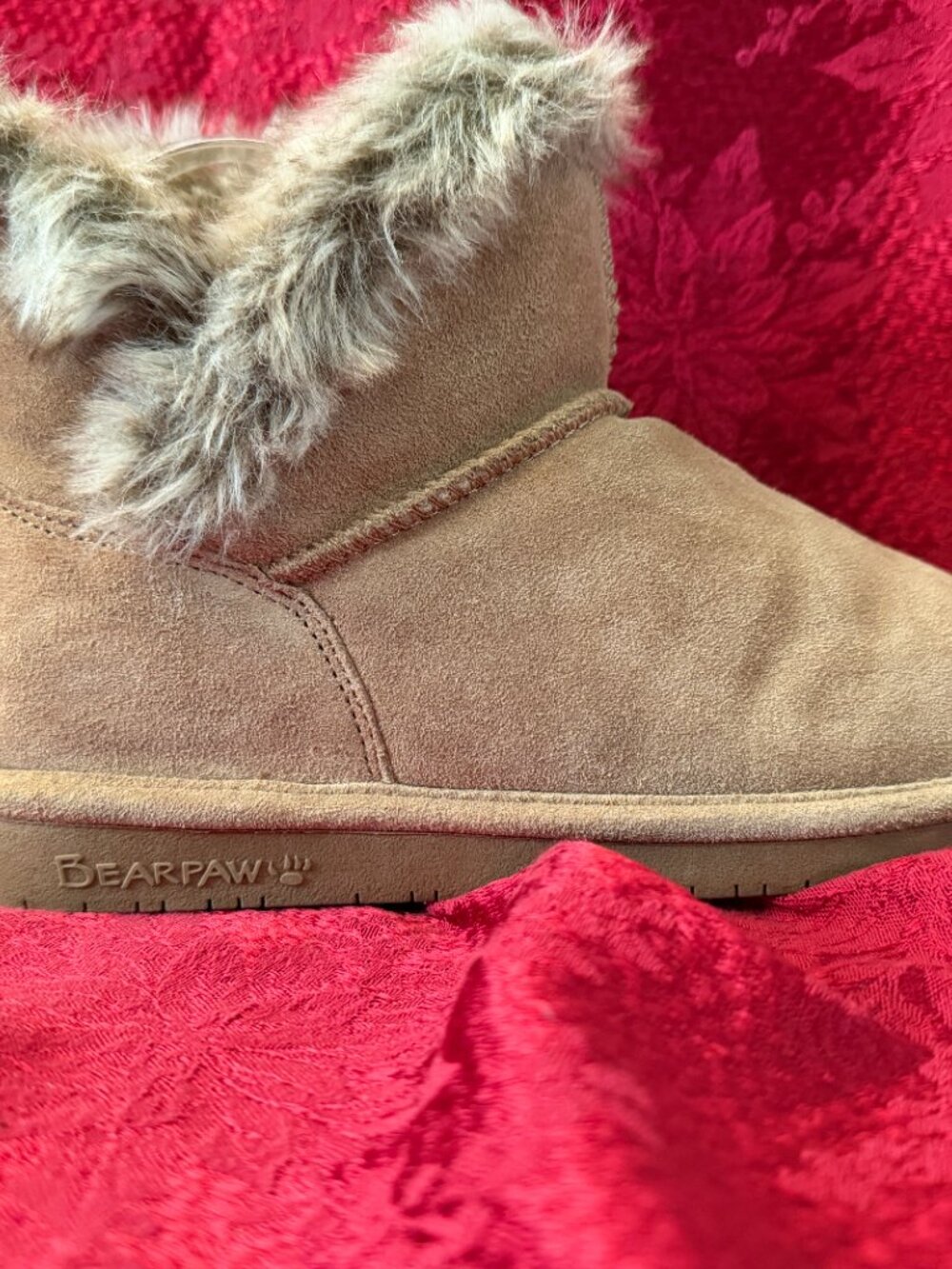 BearPaw Tan Suede Helaina Ankle Boots with Faux Fur Trim Sz 7 - Picture 9 of 11